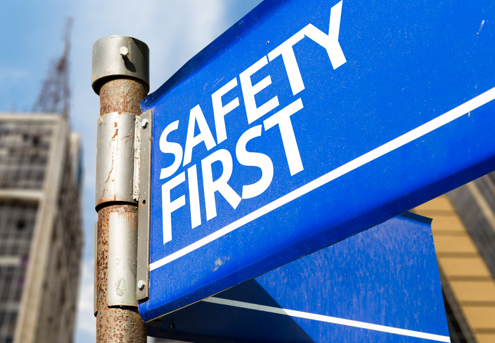 Safety First blue road sign Safety First blue road sign